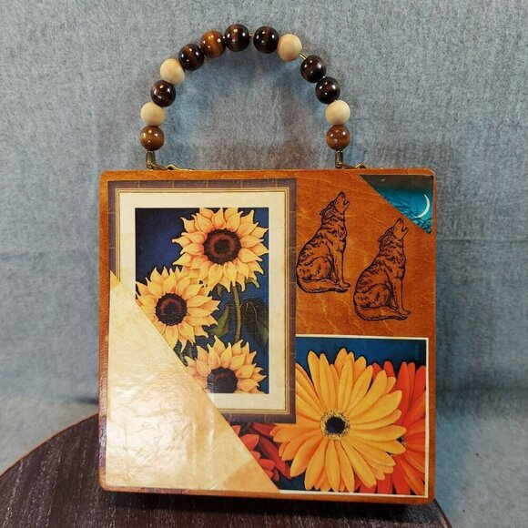 Handmade Wooden Purse With Nature-Inspired Wolf & Landscape Artwork Beaded Handl - Picture 2 of 16
